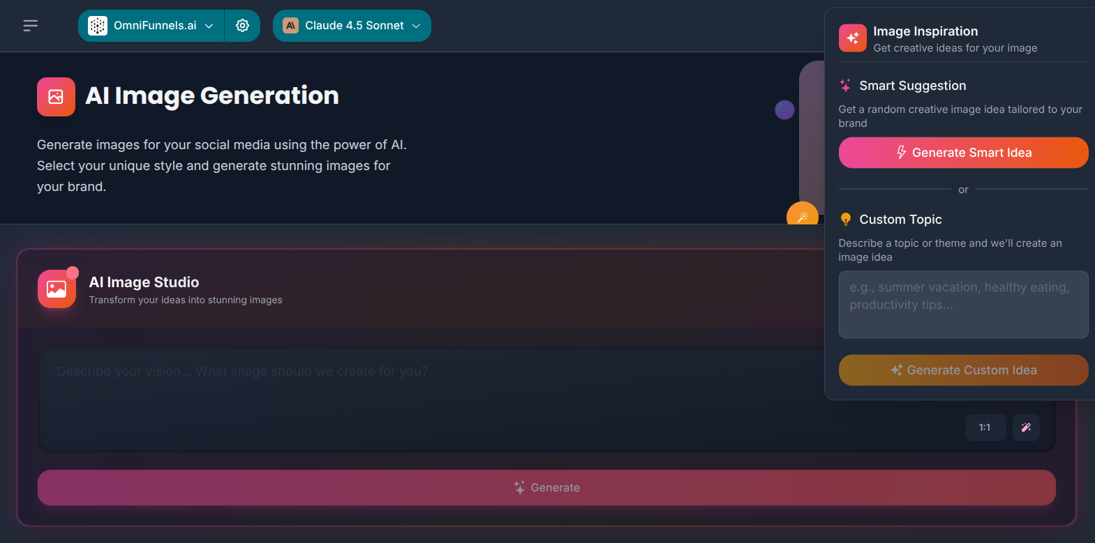 AI Image Studio interface showing content generation options
